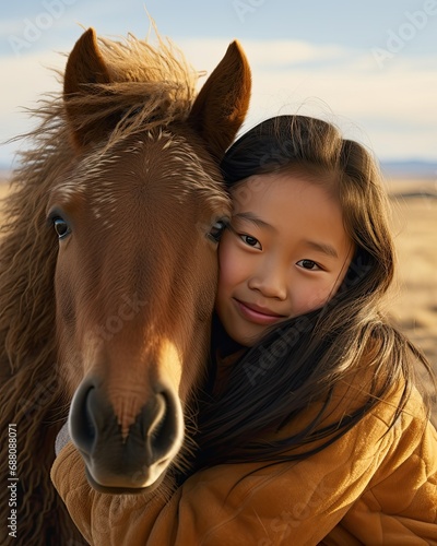 asian girl hugging a horse 