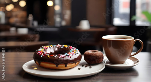  Real photo of chocolate donut inside a china dish with Nescafe on the coffee shop table