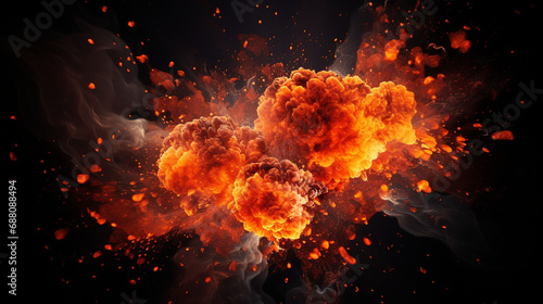 Realistic Fiery Explosion: Dynamic Motion of Blazing Flames and Sparks Over a Dramatic Black Background - Powerful Pyrotechnics Captured in Vibrant Detail.