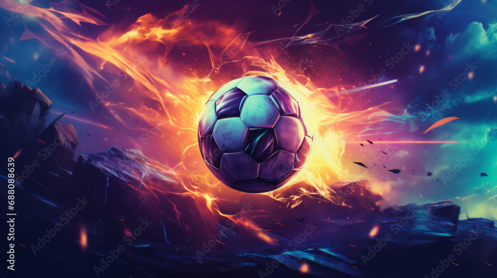 Fototapeta premium Synthwave soccer ball in fire