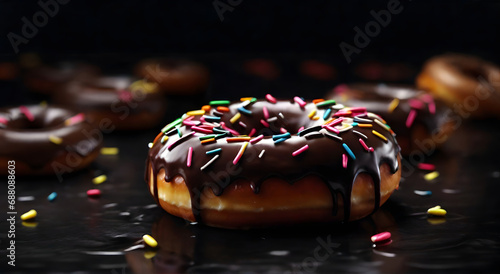 Real photo of chocolate donuts decorated with small colored chocolates on a black background