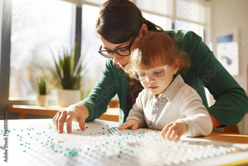 Preschool teacher introduces braille to little child learner in glasses, creating an inclusive space for visually impaired children to thrive academically. World Braille Day concept photo