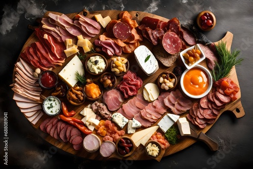 A meticulously arranged charcuterie board, featuring an assortment of cured meats, artisan cheeses, and artisanal condiments.