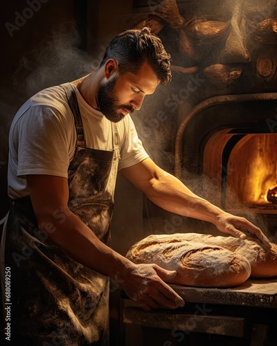 a baker putting bread into the oven
