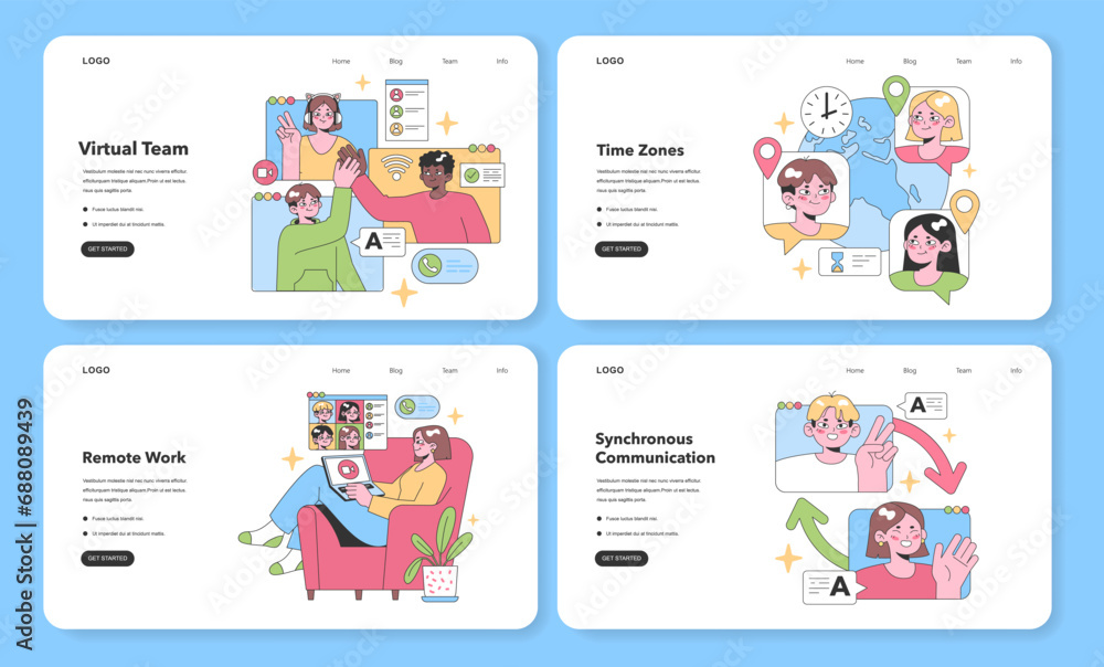Engaging visuals showcasing virtual team operations, addressing remote work, navigating time zones, and enhancing synchronous communication. Flat vector illustration, web or landing
