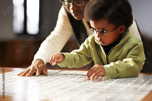 Visually impaired african ethnicity kid in glasses at a braille-friendly, inclusive nursery, guided by a supportive preschool teacher. World Braille Day concept