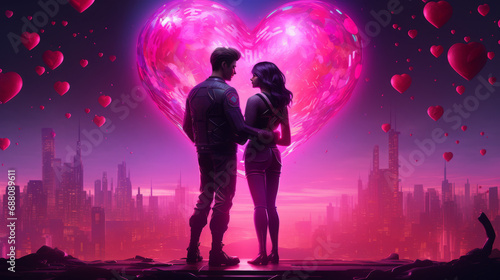 A couple in love at full moon in synthwave colors