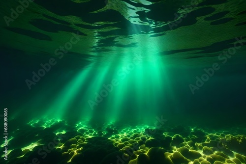 A silhouette of light submerged. Greenish-black water. The sea's depth, its bottom, the sun's rays shining through it, the undersea world, and the backdrop of the dark sea. three-dimensional drawing. © Amazing-World