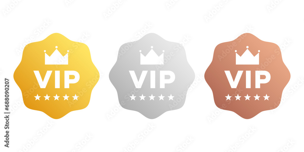 VIP badges in gold, silver and bronze color. Vector vip emblem sticker attractive set. - obrazy, fototapety, plakaty 