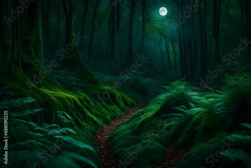 A magnificent enchanted woodland straight out of a fairy tale, illuminated by a full moon that highlights the lush foliage and trees.