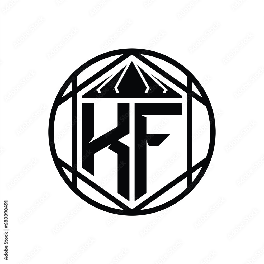 KF Letter Logo monogram hexagon slice crown sharp shield shape isolated circle abstract style design KF Letter Logo monogram hexagon slice crown sharp shield shape isolated circle abstract style design