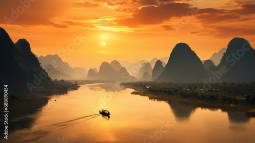 Sunset over the mekong river in southeastasia photo
