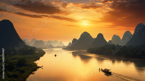 Sunset over the mekong river in southeastasia photo