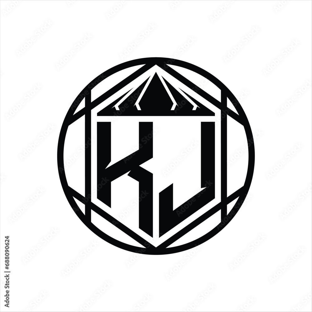 KJ Letter Logo monogram hexagon slice crown sharp shield shape isolated circle abstract style design KJ Letter Logo monogram hexagon slice crown sharp shield shape isolated circle abstract style design