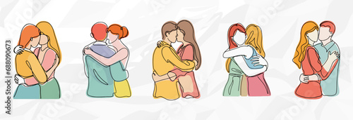 Liebevolle Umarmungen: Lineart Vektorgrafik-Bundle von Pärchen unterschiedlicher Gender, die sich umarmen