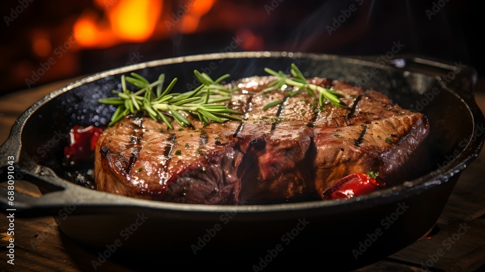 Sizzling Hot Steak on Cast Iron Skillet, Aroma, Cooking, Culinary, Meat