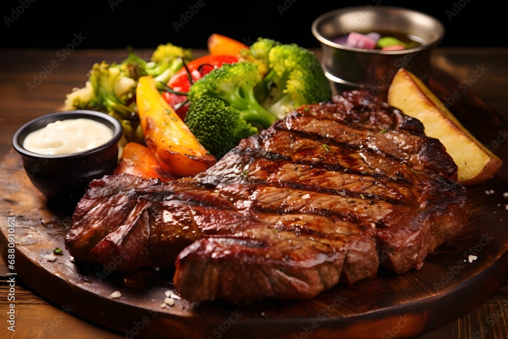 Perfectly Cooked Steak with Fresh Vegetables on Rustic Plate, Cooking, Culinary, Delicious, Gourmet
