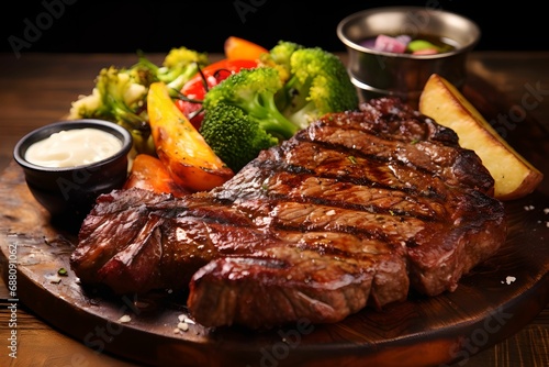 Perfectly Cooked Steak with Fresh Vegetables on Rustic Plate, Cooking, Culinary, Delicious, Gourmet