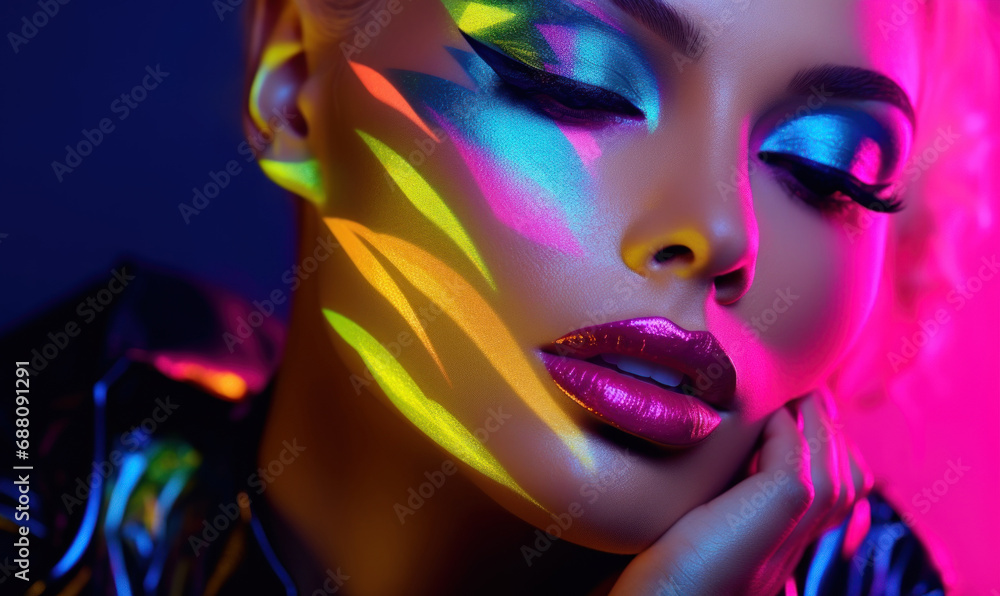 Woman model face covered with bright glitter, colorful neon lights, beautiful fashionable sexy girl lips, mouth. Fashionable makeup for glowing skin. Artistic makeup design. golden blue pink makeup