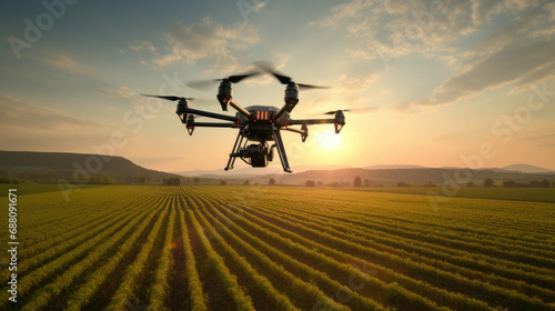 Drone flying over agricultural fields during sunset, with the fields arranged in neat rows below.