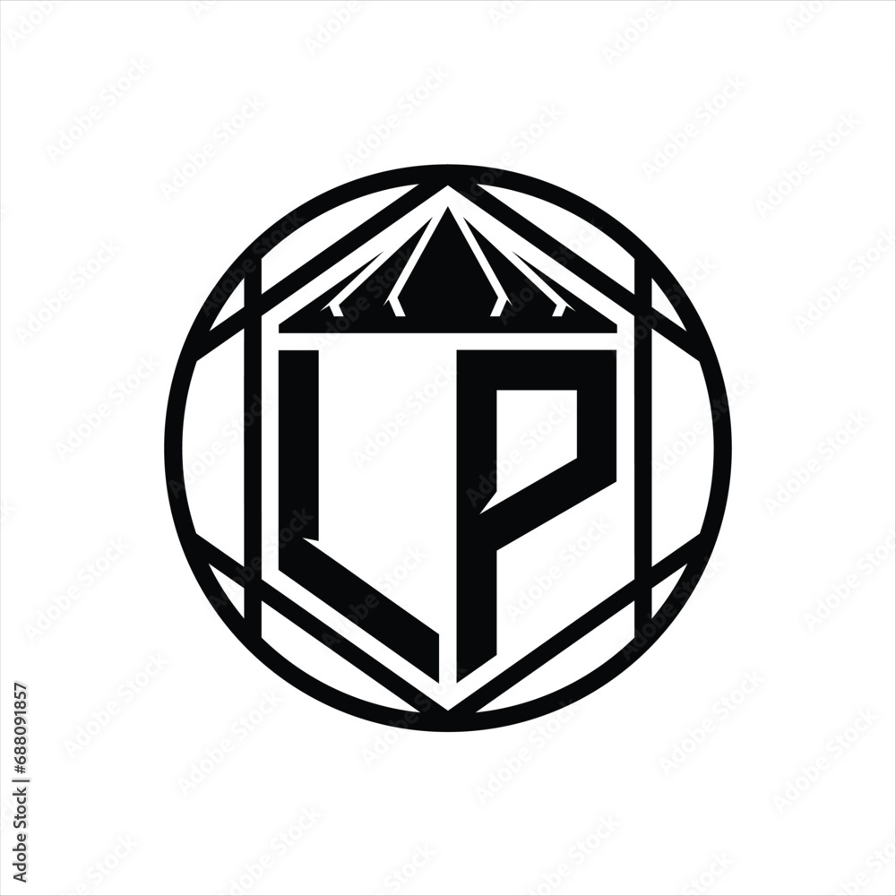 LP Letter Logo monogram hexagon slice crown sharp shield shape isolated circle abstract style design LP Letter Logo monogram hexagon slice crown sharp shield shape isolated circle abstract style design