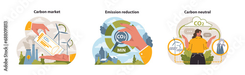 Climate action set. Hands minimizing emissions, a carbon credit ticket for trading, and a woman presenting a carbon-neutral initiative. Ecological awareness. Flat vector illustration.