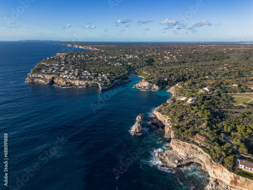 Fototapeta Naklejka Na Ścianę i Meble -  Cala Llombards and Cala Santanyi coast in Majorca aerial shot
