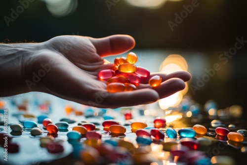 Hand scattering a mix of colorful pills and capsules, creating a sense of movement and variety, blurred background to focus on the motion