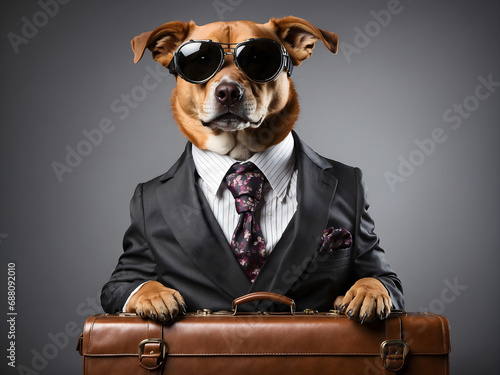 A Dog wearing tie and suit showing briefcase of money in the concept of when you request to lend some money from your boss photo