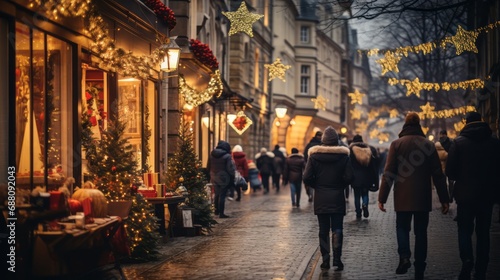 A quaint European street on Saint Nicholas Day, adorned with festive decorations and lights, shoppers carrying bags of gifts © bluebeat76