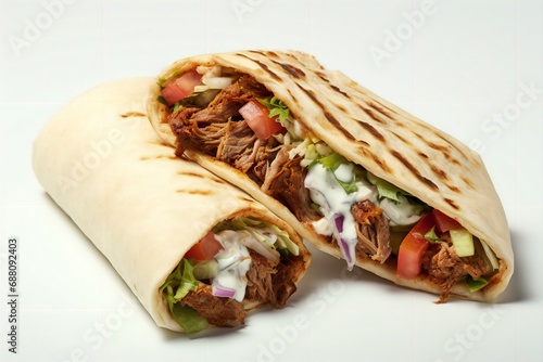 beef tortilla wrap with lettuce, mayonnaise, tomato and beef on white background