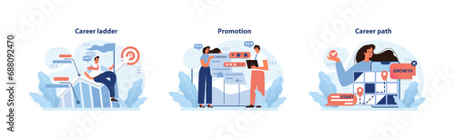 Career progression set displaying climbing the ladder, earning promotions, and plotting a growth path. The journey to professional success captured. Flat vector illustration.