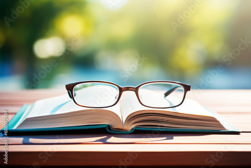 Glasses placed on an open book, set against the background of a sunlit summer park. The harmonious blend of literature and nature, ideal atmosphere for outdoor study and relaxation