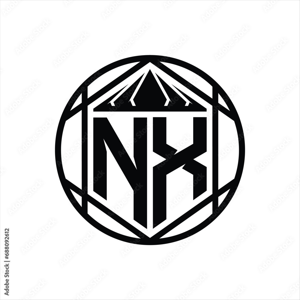 NX Letter Logo monogram hexagon slice crown sharp shield shape isolated circle abstract style design NX Letter Logo monogram hexagon slice crown sharp shield shape isolated circle abstract style design