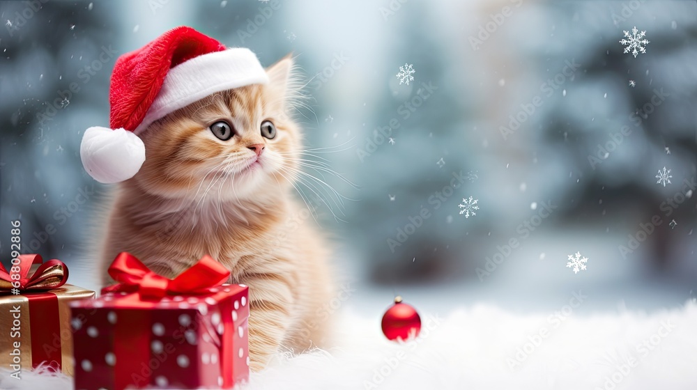 cute baby kitten cat wearing a red santa hat sitting in the snow with presents cute baby kitten cat wearing a red santa hat sitting in the snow with presents