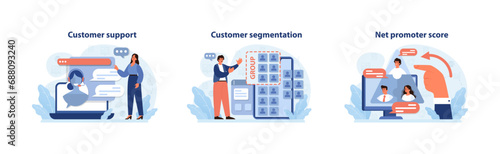 Customer journey insights. A dedicated agent offers real-time support, a strategist fine-tunes segmentation, and experts analyze the net promoter score. Enhancing client experience. Flat vector.