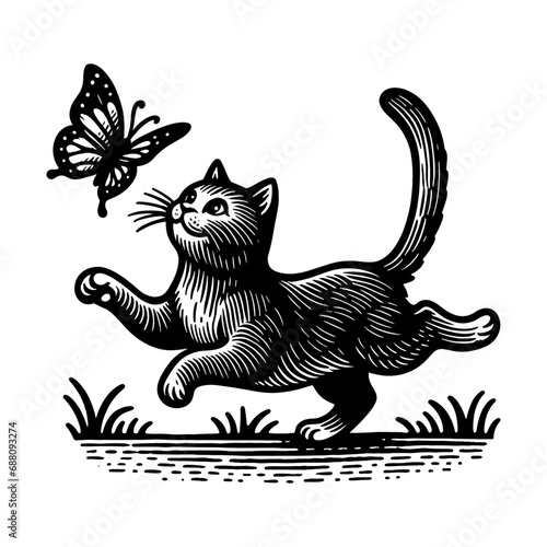 playful cat chasing after butterfly sketch