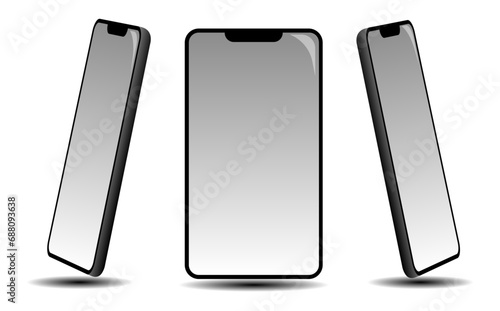 Concept of a blank mobile phone screen from 3 angles space for graphics or text