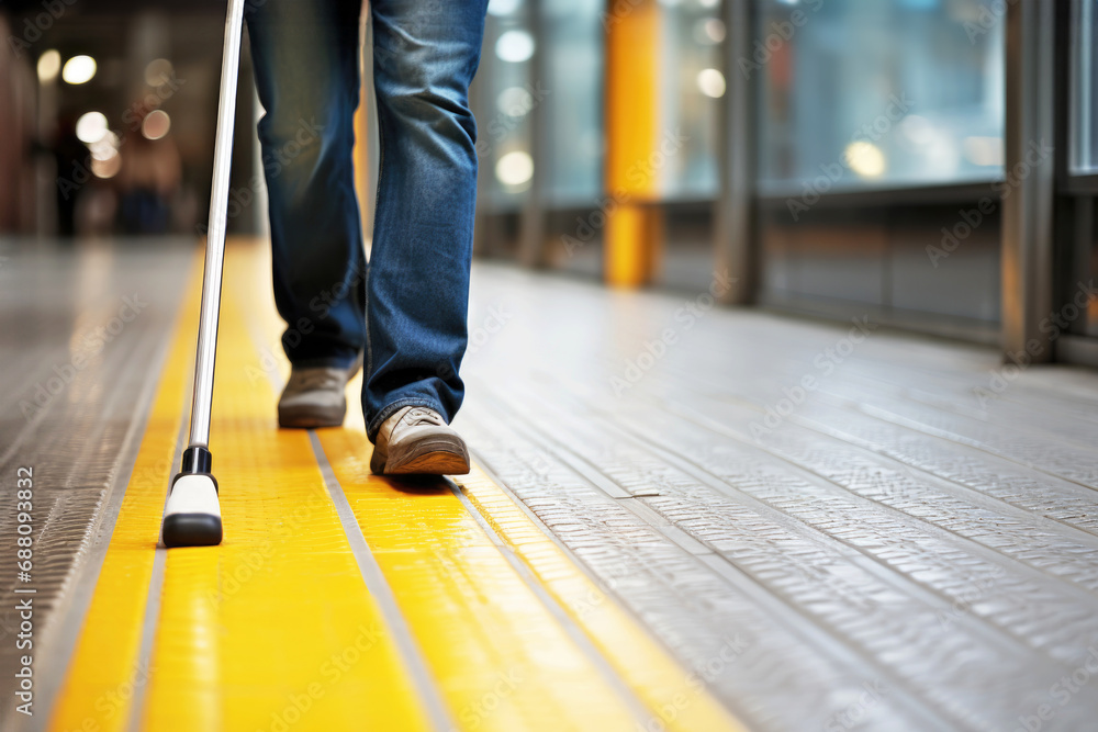 Close-up of a blind man walking along a tactile tile with a cane. Inclusive, accessibility and friendly environment in the self-orientation while moving through the streets of the city - obrazy, fototapety, plakaty 