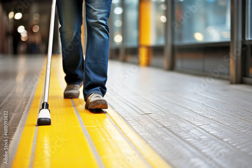 Close-up of a blind man walking along a tactile tile with a cane. Inclusive, accessibility and friendly environment in the self-orientation while moving through the streets of the city