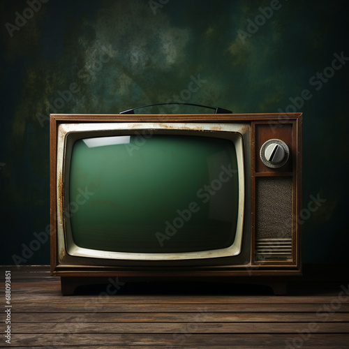 an old tv on display, in the style of dark green and dark beige