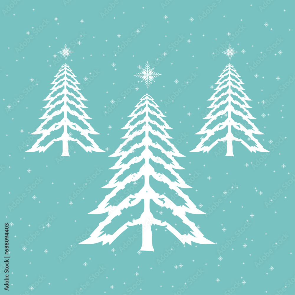 Three hand draw Christmas tree and snow vector pattern, winter trees and Chistmas trees with snow on isolated blue background concepts vector