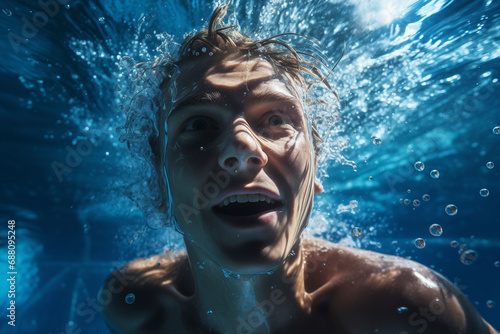 Portrait of a young man underwater in a swimming pool.
