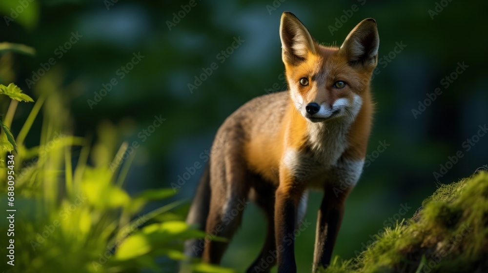 Fototapeta premium Beautiful red fox in the forest, outdoor wild nature background with copy space.
