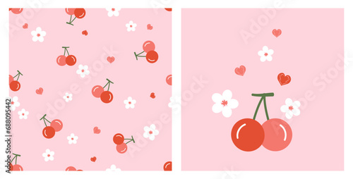 Seamless pattern with cherry fruit, white flower and mini hearts on pink background vector. Cherry, white flower and heart icon sign. 