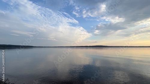 blue lake, clouds and sunset