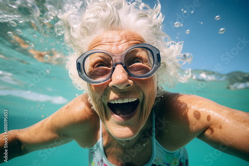 Mature woman with underwater mask is snorkeling in ocean