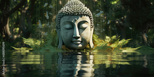 buddha face in zen garden with water © Kien