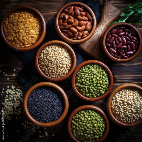 different varieties of beans and seeds in bowls on a wooden table
