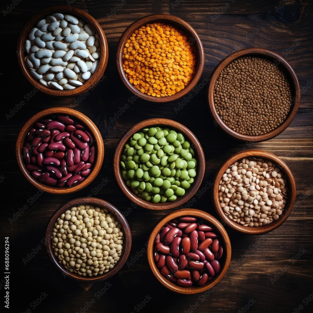 different varieties of beans and seeds in bowls on a wooden table different varieties of beans and seeds in bowls on a wooden table